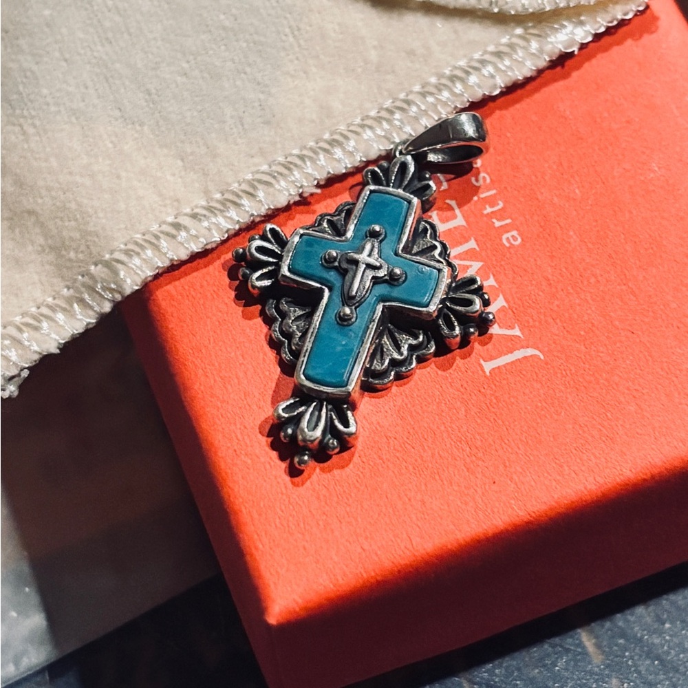 NEW JAMES AVERY RETIRED 3D FOLK CROSS TURQUOISE PENDANT. Not worn circa pre2000 - Picture 3 of 5